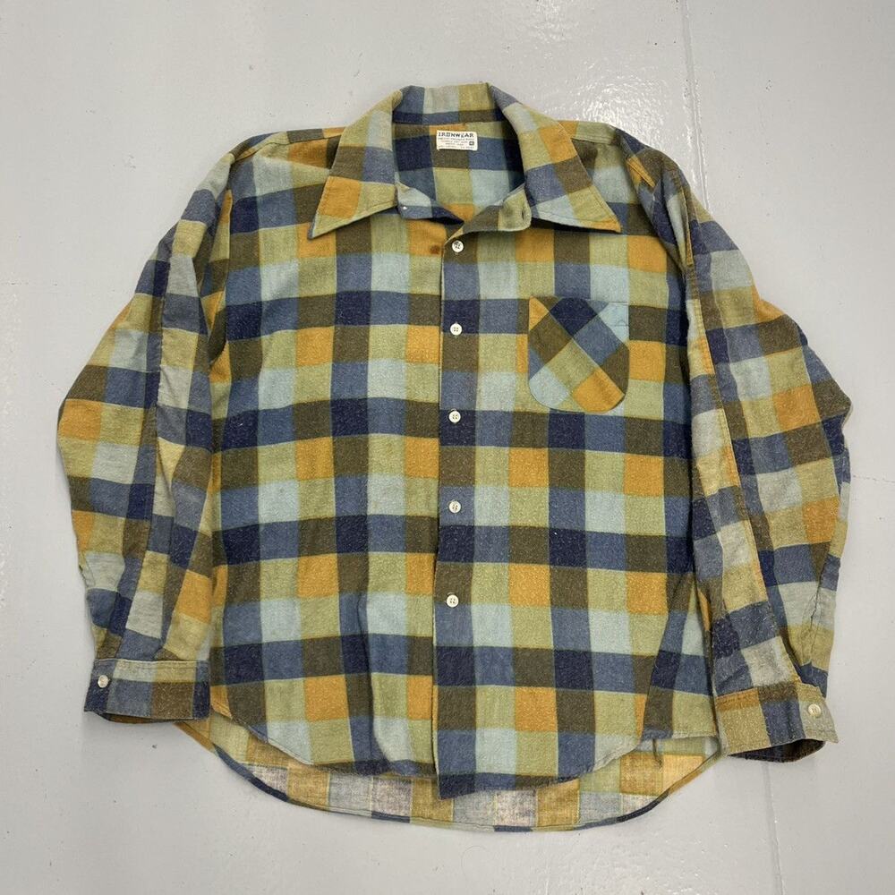 Vintage 70s Ironwear Blue/Yellow Check Cotton Flannel